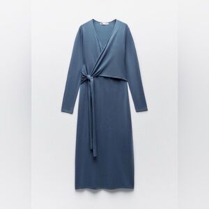 NWT Zara KNIT WRAP V-Neck Midi DRESS Dusty Blue size small